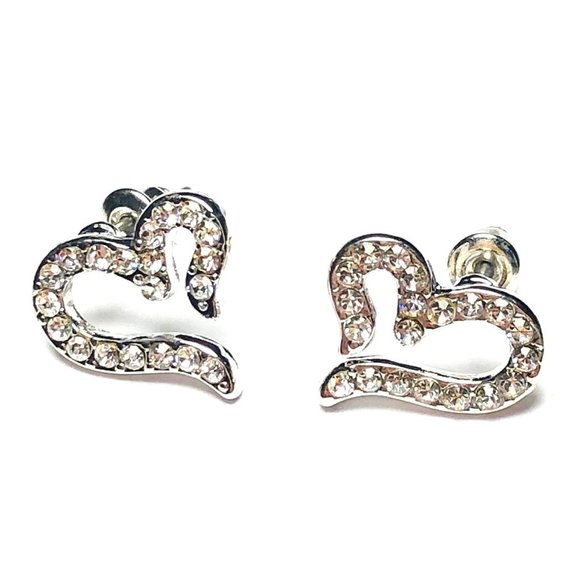 New! Rhinestones Heart Stud Earrings Silver - Picture 2 of 9